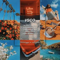 a collage of photos with orange flowers and blue sky in the background, including an image of a woman sitting on a red car