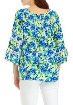 Add eye-catching appeal to your closet with this printed blouse. | AGB Women's 3/4 Sleeve Printed Blouse, Medium Printed Half Sleeve Tops For Vacation, Vacation Floral Print Half Sleeve Tops, Floral Print Half Sleeve Tops For Vacation, Half Sleeve Floral Print Tops For Vacation, Printed 3/4 Sleeve Blouse, Printed Half Sleeve Beach Blouse, Beach Blouse With Half Sleeves And Print, Beach Half Sleeve Printed Blouse, Green 3/4 Sleeve Blouse For Vacation