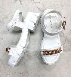 Take your chunky platform sandals, but make them classy. The gold link detail on the top strap spices up what would be a simple statement. Chunky Platform Sandals, Pink Power, Gold Link, Chunky Platform, Yours Truly, The Gold, Platform Sandals, Spice Things Up, The Top