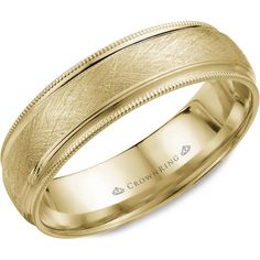 CrownRing Men's Wedding Band - Scratch Textured Center with Milgrain Edges in 14K Yellow Gold - 6mm Width from the Classic Collection Luxury Traditional Yellow Gold Rings, Traditional Luxury Men's Ring With Polished Finish, Luxury Symbolic Rings With Polished Finish, Traditional Luxury Collectible Men's Ring, Luxury Classic Bands With Intricate Design, Luxury Gold Men's Ring With Polished Edges, Luxury Traditional Men's Ring With Polished Finish, Luxury Milgrain Classic Ring, Luxury Yellow Gold Traditional Rings