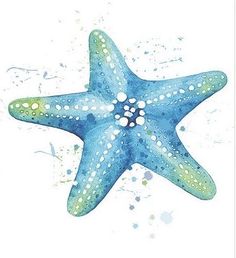 a blue starfish with white spots on it's face and body, in watercolor