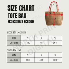 the size chart for a tote bag