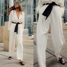 Zara Jumpsuit With Contrast Belt Long Sleeve V-Neck Off White/Black Size M New Jumpsuit With A Crossover V-Neckline And Long Sleeves. Contrast Belt Detail. Front Pockets. Straight Leg. Front Zip Fastening, Inside Button And Hidden Hook. Brand New With Tags. Elegant Summer Pantsuit With Long Sleeves, Summer Elegant Long Sleeve Pantsuit, Elegant Summer Long Sleeve Pantsuit, Elegant Long Sleeve Summer Pantsuit, Chic Long Sleeve Pantsuit, High-waisted Summer Office Pantsuit, High Waist Summer Pantsuit For Office, Summer High Waist Office Pantsuit, Elegant V-neck Spring Pantsuit