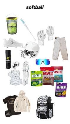 an assortment of sports items including gloves, sunglasses and backpack are shown in this image