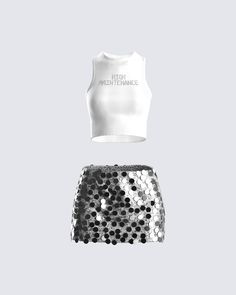 Make your mark in this eye-catching 2 piece set 🌟 Featuring a white rhinestone graphic cropped top, and a dazzling silver sequin mini skirt - this fit is the sassy moment we all live for 🤩 Summer Night Out Sequined Sets, White Sequined Party Set, White Trendy Crop Top For Party, Trendy White Party Crop Top, Trendy White Crop Top For Party, White Sequined Crop Top, Glamorous White Sequined Crop Top, White Sequined Sets For Summer, White Sequined Summer Sets