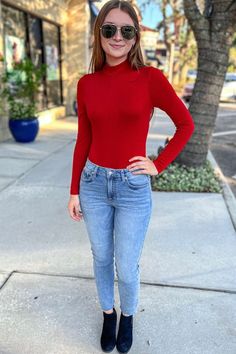 Mock Neck Bodysuit | Sophie & Trey Casual Turtleneck Bodysuit For Spring, Casual Red Bodysuit For Fall, Cute Trendy Dresses, Mock Neck Bodysuit, Online Clothing Boutiques, Dress Store, Clothing Boutique, Trendy Dresses, Personal Stylist