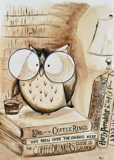 an owl sitting on top of a stack of books next to a cup of coffee