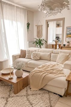 Sheer White Curtains, Beige Living Rooms, Apartment Living Room Design, Dream Apartment Decor, Neutral Living Room, Apartment Decor Inspiration, White Curtains, Wooden Coffee Table, Decor Home Living Room