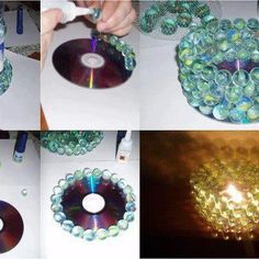 the process of making a candle holder out of cd's, cds and glass beads