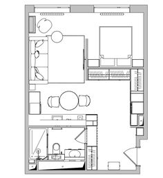 the floor plan for a small apartment with one bedroom and an attached kitchen, dining area