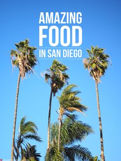 palm trees with the words amazing food in san diego