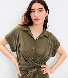 In a soft knit, this fluid shirtdress wraps and ties at the waist for a femme, flattering update on a tailored essential. Point collar. Button front. Cap dolman sleeves. Waist ties.,Hit:Hit: Midi - Hits at mid-calf,Imported:Imported,Fit:Fit: Shift - fits straight and relaxed,Length:47 3/4" from shoulder to hem, measured from a size 8/M,Fabrication:64% Modal36% Polyester,Garment Care:Machine Washable Loft Tie Front Midi Shirtdress Size 4 Evening Olive Women's by Loft Size Regular - 4 Evening Oliv Tie Dress, Waist Tie, Petite Dresses, Dolman Sleeve, Soft Knits, Effortless Style, Fabric Care, Sweater Top, Dress Shop