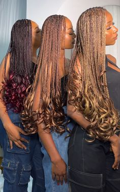 Three black girl wearing different coloured French curl braids Curled Braid Ends, Braids With Curly Extensions, French Curls Hair, Styles Braids Black Women, Braided Hairstyles With Curls At The End, Hair With Curls At The End, Color 30 French Curl Braids, Braids Hairstyles 2024, #30 Braids