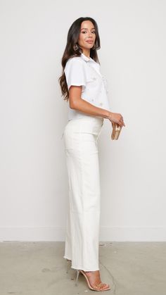 Elevate your casual look with these white wide leg pants. The sleek white hue adds versatility, allowing for easy pairing with both casual tees or dressier tops for a chic ensemble. With their smooth satin finish, these pants offer a perfect balance of style and practicality for any occasion. Features: White Wide Leg Pants 81544 P2-2-2 Chic Off White Cotton Wide Leg Pants, Off White Cotton Wide Leg Pants For Spring, Spring Off White Cotton Wide Leg Pants, Off White Wide Leg Pants For Spring, Chic Off-white Cotton Pants, White High-waisted Wide Leg Cotton Pants, White Wide Leg Bottoms For Day Out, White High-waisted Cotton Wide Leg Pants, White Cotton Wide Leg Pants For Day Out