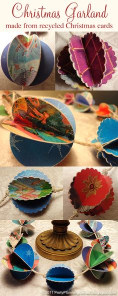 christmas garlands made from recycled christmas cards and paper plates with the words, how to make