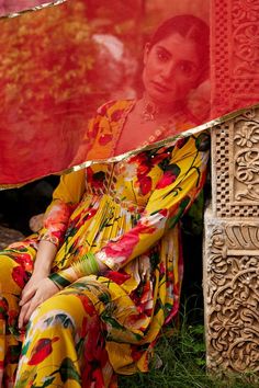 Yellow  big floral printed peplum kurta embellished with metal sequins. Paired with a sharara and half and half red and pink dupatta. - Aza Fashions Pink Dupatta, Kurta Sharara Set, Big Floral, Kurta Sharara, Types Of Work, Sharara Set, Set For Women, Floral Printed, Aza Fashion