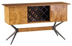 a wooden cabinet with metal legs and a wine rack