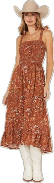 Casual Brown Midi Dress, Brown V-neck Sundress, Casual Flowy Day Dresses, Mid-length Sundress For Day Out, Casual Mid-length Flowy Sundress, Casual Flowy Mid-length Sundress, Summer Brown Maxi Dress, Flowy Knee-length Casual Sundress, Casual Flowy Knee-length Sundress