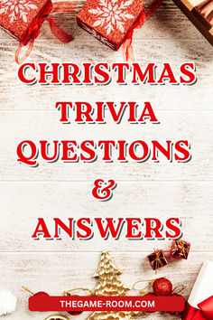 the christmas trivia questions and answers are displayed on a white wooden table with presents