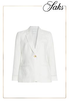 Crafted of European linen, Elie Tahari's Constance blazer features classic notch lapels and geometric lace detailing. Side patch pockets complete the tailored piece. Notch lapels Long sleeves Chest welt pocket Side patch pockets Button-front closure 100% linen Lining: 100% cotton Dry clean Imported SIZE  FIT About 28.5 from shoulder to hem Model measurements: 5'10 tall Model is wearing a US size Small Geometric Lace, European Linens, Elie Tahari, Linen Blazer, Tall Model, Model Measurements, Welt Pocket, Apparel Accessories, Coats Jackets