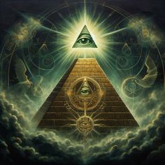 an all seeing pyramid surrounded by clouds