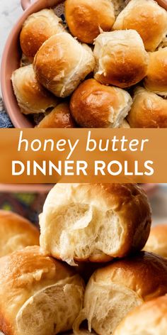 honey butter dinner rolls stacked on top of each other in a bowl with the title above it