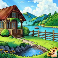 a painting of a house by the water with mountains in the backgrouds