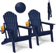 two blue adiron chairs with drinks on them