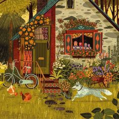 a painting of a house with flowers and animals in the yard