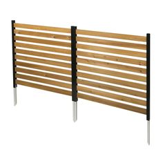 a wooden slatted headboard with two metal posts on each side and an iron bar at the top