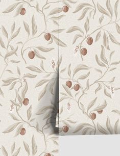 a wallpaper with leaves and berries on it in beige, brown and white colors