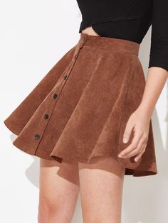 Rust Brown Casual Collar  Corduroy Plain Flared Embellished Non-Stretch Fall/Winter Women Clothing Amazon Fall Clothes, Shein Skirts, Pleats Pattern, Cord Skirt, Mini Pleated Skirt, Skirt With Buttons, Empire Dress, Corduroy Skirt