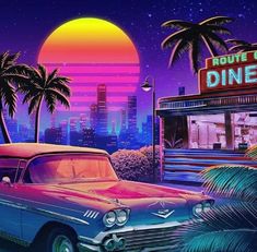 an old car parked in front of a diner with palm trees and the sun behind it