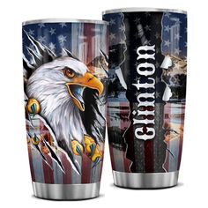 two cups with an eagle and american flag design on the side, one is full of patriotic symbols