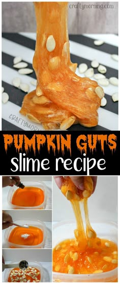 pumpkin guts slime recipe for kids to make and eat with the help of an adult