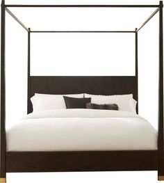 a four poster bed with white sheets and pillows on it's headboard, against a white background