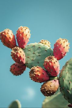 a cactus plant with red and green flowers on it's stalk, against a blue sky background