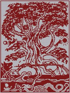 a red and white cross - stitch pattern with a tree in the middle, surrounded by other trees