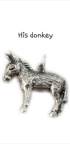 a silver donkey charm with the words his donkey on it's back and side