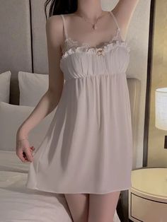 Pleated Bust Push-Up Nightwear
Main fabric: 95.3% polyester, 4.7% spandex
Lace: 87% nylon, 13% spandex




Size/cm


Sling Bust


Sling Length


Fit weigh




M


72-98


61


40-55kg




L


76-102


62


55-60kg




XL


80-106


63


60-75kg





 	The above size is manually measured by “tiling-stretching”, there may be an error of 1-3cm!
 	The size is for reference only, please choose according to your size.
 	It is recommended to wash by hand in cold water, not soaking, and avoid mixing dar Light Clothes, Pajamas Silk, Bodycon Bodysuit, Southern Outfits, Nighttime Routine, Lace Nightgown, Laundry Products, Nightgowns, Casual Style Outfits