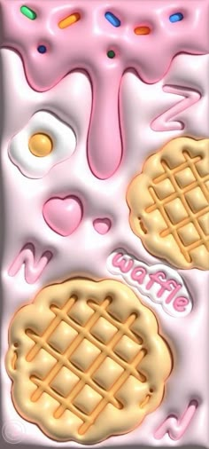 two waffles with different toppings on them are shown in this digital painting