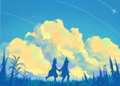 two people holding hands walking through the grass under a cloudy blue sky with stars above them