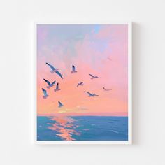 a painting of seagulls flying over the ocean at sunset, with pink and blue colors