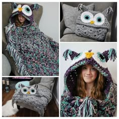 several photos of an owl blanket and hood with eyes on it, two pictures of the same