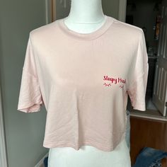 Excellent Condition!! Never Worn!! Missguided Pale Pink Sleepy Head Cropped Tee Shirt; Approximately 16” Long (From Top Of Shoulder To Bottom Hem); 96% Viscose, 4% Elastane; Size 4 Pink Summer Sleep T-shirt, Pink Relaxed Fit Sleep Tops, Short Sleeve Sleep Tops For Spring, Relaxed Fit Short Sleeve Sleep Top, Cute Graphic Print Tops For Sleep, Cute Graphic Print Sleep Tops, Spring Sleep T-shirt With Short Sleeves, Pink Cotton Sleep T-shirt, Fitted Graphic Tee For Loungewear