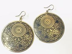 Women Handmade Artisan Ethnic Boho Dangle Round Brass Hook Earrings Gold Black | eBay Handmade Vintage Danglers For Festivals, Vintage Danglers For Festive Gifts, Vintage Danglers For Gift During Festivals, Bohemian Brass Earrings With Artistic Design, Traditional Bronze Plug Earrings As Gift, Bohemian Black Danglers For Gift, Handmade Round Danglers For Festival, Vintage Round Danglers For Gift, Bohemian Earrings With Artistic Design For Festival