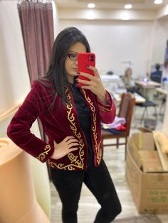 This gorgeous jacket is made to size, red velvet with gold embroidery, and perfect to wear over any dress or outfit to complete the ethnic look! Traditional Fitted Red Blazer, Festive Long Sleeve Blazer With Gold Embroidery, Winter Embroidered Velvet Outerwear, Traditional Velvet Long Sleeve Outerwear, Traditional Long Sleeve Velvet Outerwear, Festive Velvet Long Sleeve Outerwear, Traditional Long Sleeve Blazer With Gold Embroidery, Traditional Blazer With Gold Embroidery, Festive Long Sleeve Velvet Bandhgala