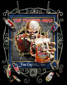 the trooper arms fire english ales poster with skull and flag design on black background