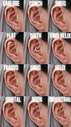 many different types of ear piercings are shown in this image, with the words'ear