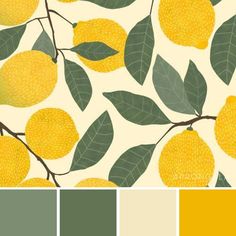 a yellow and green color scheme with lemons on the branches, leaves, and flowers